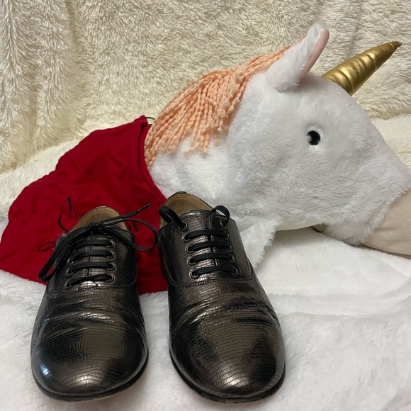 Christian Louboutin size 38 lace up oxfords metallic embossed leather - Picture 6 of 16